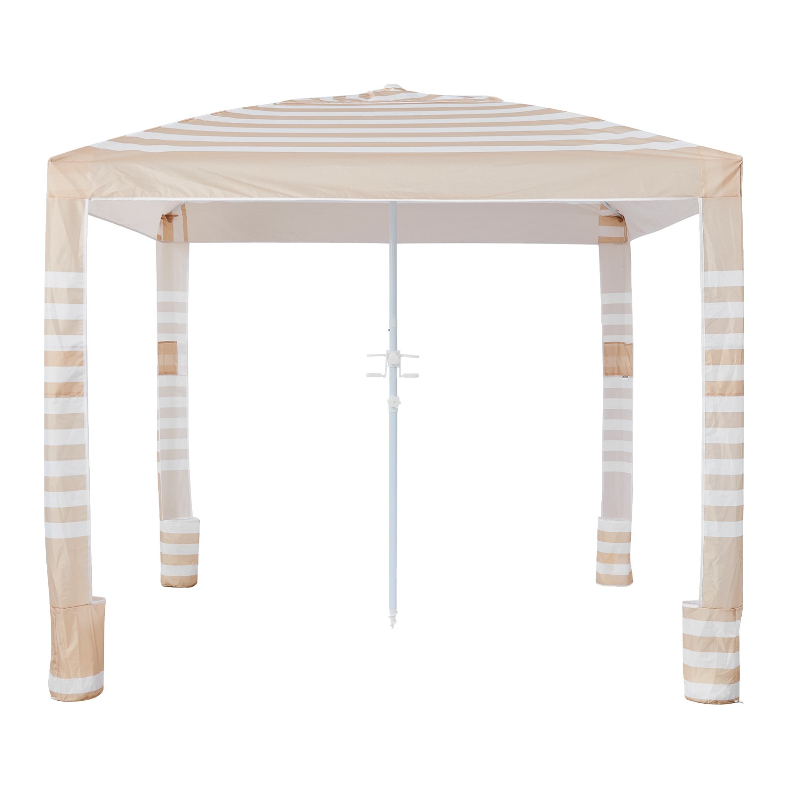 VEVOR Cabaña de Playa de 2,4 x 2,4 m, con Pared Lateral, Protección Solar UPF 50+, Incluye Sacos de Arena, Altura Ajustable y Portátil, Ideal para Toda la Familia y Amigos, Rayas Caqui y Blanco