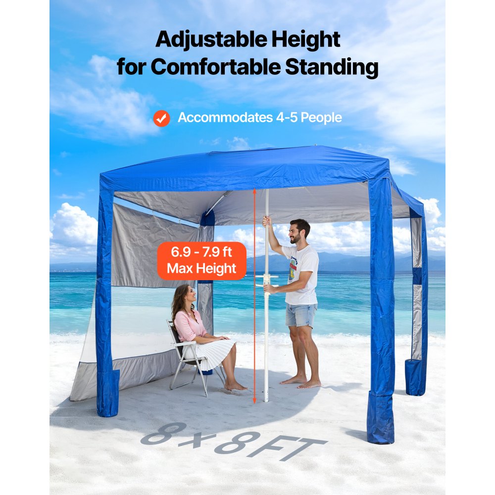 VEVOR Cabaña de Playa 2,4 x 2,4 m, con Pared Lateral, Protección Solar UPF 50+, con Sacos de Arena, Toldo Ajustable en Altura y Portátil para Disfrutar en Familia o con Amigos, Azul Marino Liso