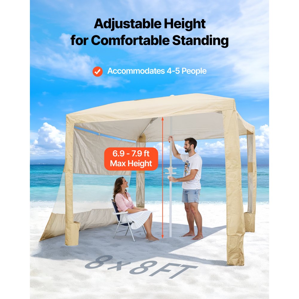 VEVOR Beach Cabana, 2.4 x 2.4 m Beach Canopy with Side Wall, UPF 50+ Protection Easy Setup Cabana Tent with Sand Pockets, Adjustable Height Portable Shade Sun Shelter Umbrella for Family Friend, Khaki