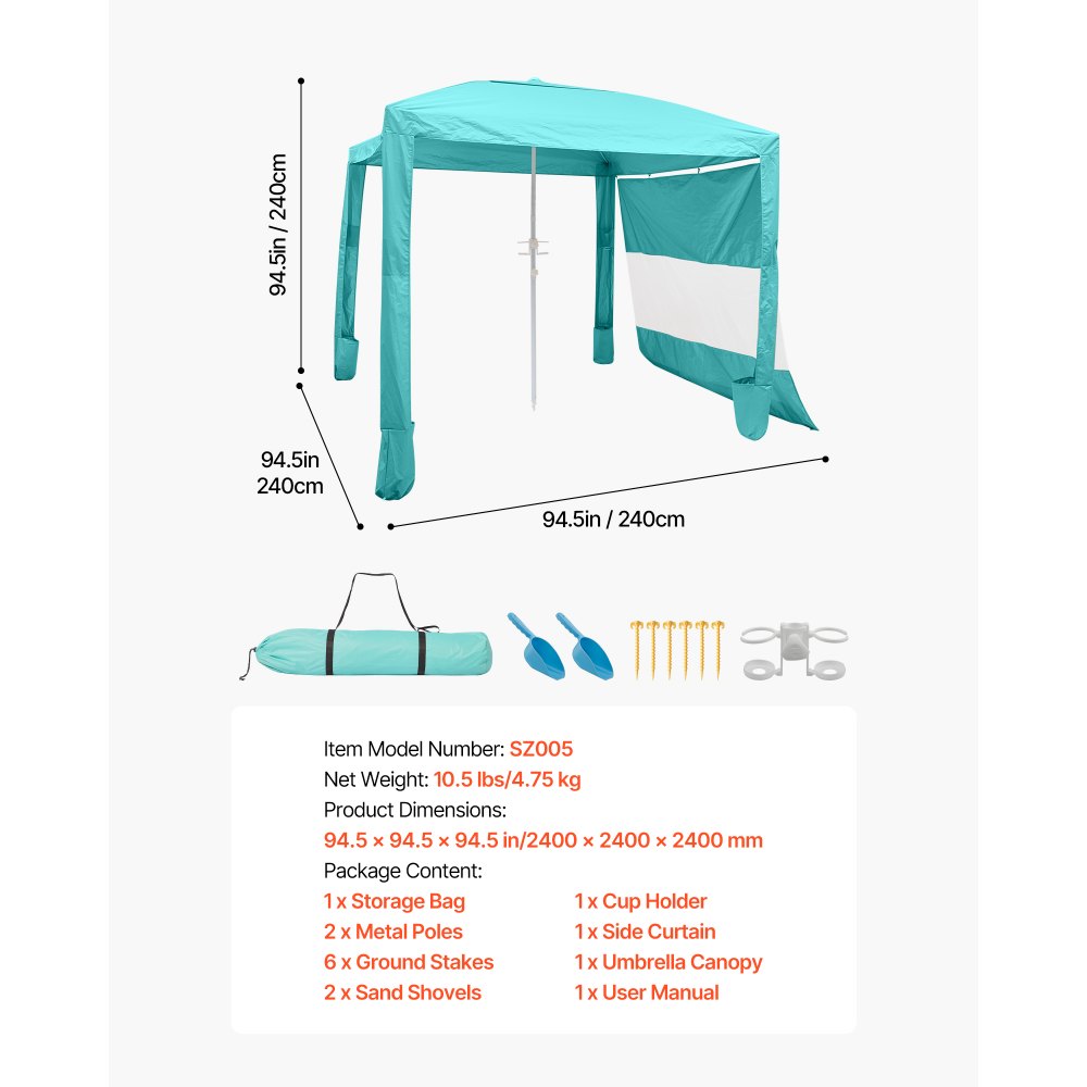 VEVOR Cabaña de Playa 2,4 x 2,4 m con Pared Lateral, Protección Solar UPF 50+, Pabellón con Sacos de Arena, Sombrilla Portátil y Ajustable en Altura para Familiares y Amigos, Verde Claro Liso