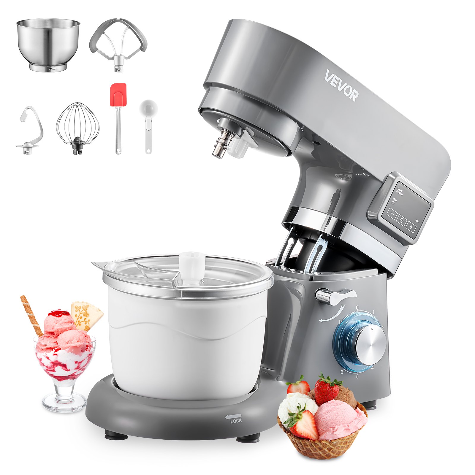 VEVOR Ice Cream Maker, 1.7 L Capacity, 6-Speed Electric Stand Mixer, with LED Digital Display & Timer, Mixing Paddle, Dough Hook, Splash Guard, for Homemade Frozen Yogurt Fruit Sorbet Gelato, Grey