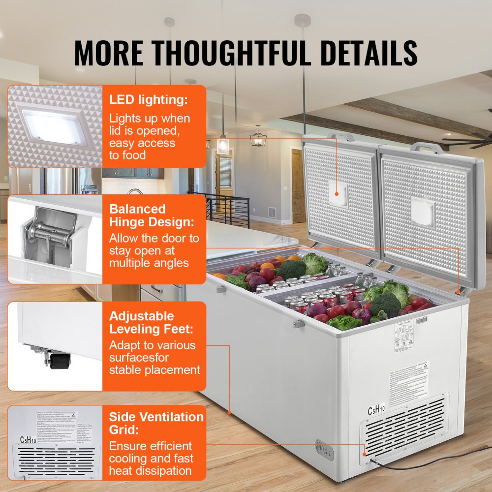 VEVOR Congelador horizontal de 561 L con Tapas de Doble Cierre Divididas Congelador Comercial Independiente y 4 Cestas Extraíbles Temperatura Ajustable de 7 Niveles Luz LED 6 Ruedas