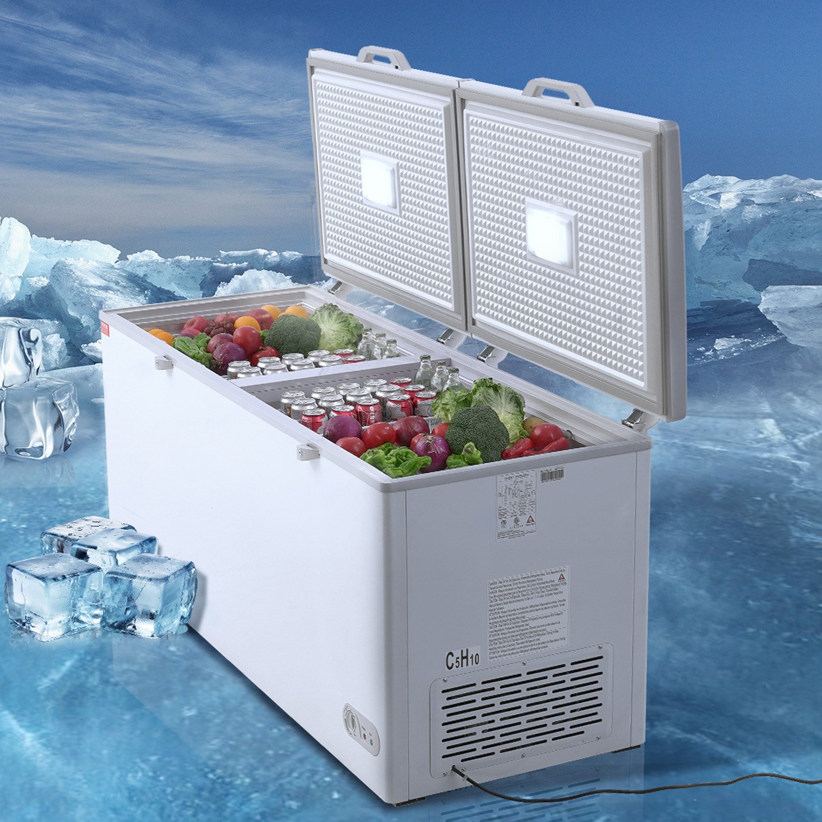 VEVOR Congelador horizontal de 561 L con Tapas de Doble Cierre Divididas Congelador Comercial Independiente y 4 Cestas Extraíbles Temperatura Ajustable de 7 Niveles Luz LED 6 Ruedas