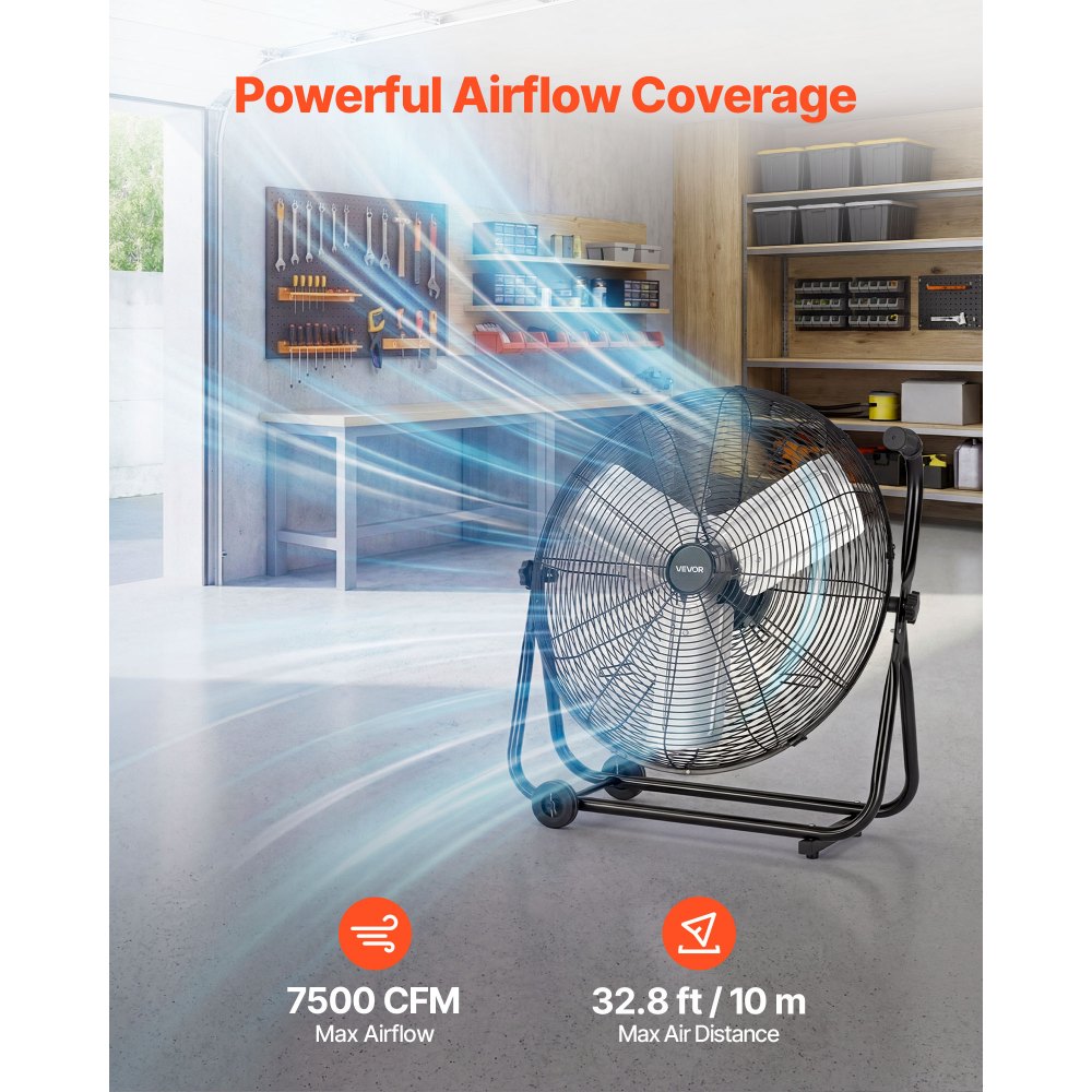VEVOR Ventilador de Suelo Industrial de 609,6 mm con Inclinación Ajustable, 360 Grados 3 Niveles de Velocidades, Ventilador de Tambor con Aspas de Aluminio, Ruedas para Almacén Sótano Garaje Taller
