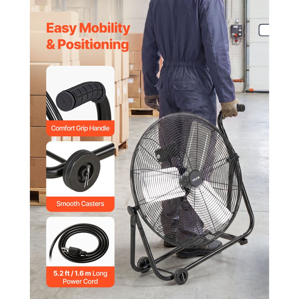 VEVOR Ventilador de Suelo Industrial de 609,6 mm con Inclinación Ajustable, 360 Grados 3 Niveles de Velocidades, Ventilador de Tambor con Aspas de Aluminio, Ruedas para Almacén Sótano Garaje Taller