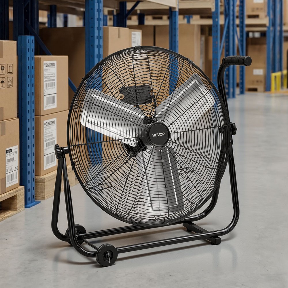 VEVOR Ventilador de Suelo Industrial de 609,6 mm con Inclinación Ajustable, 360 Grados 3 Niveles de Velocidades, Ventilador de Tambor con Aspas de Aluminio, Ruedas para Almacén Sótano Garaje Taller