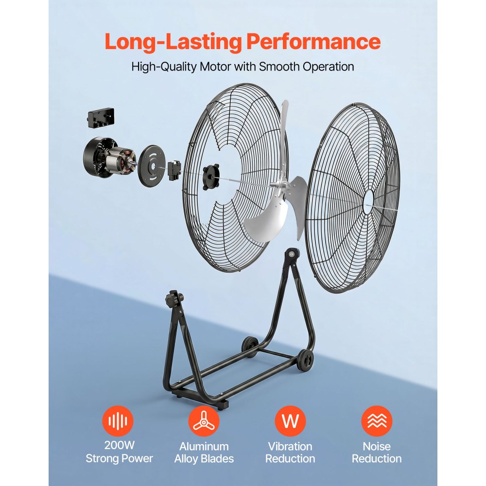 VEVOR Ventilador de Suelo Industrial de 762 mm con 3 Niveles de Velocidades, Inclinación Ajustable 360 Grados, Ventilador de Tambor con Ruedas, Aspas de Aluminio para Garaje Taller Almacén Sótano