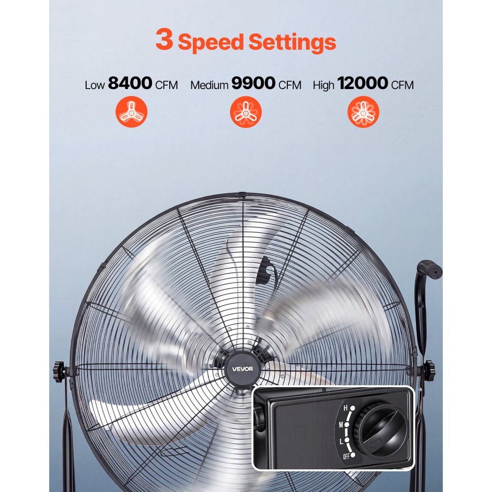 VEVOR Ventilador de Suelo Industrial de 762 mm con 3 Niveles de Velocidades, Inclinación Ajustable 360 Grados, Ventilador de Tambor con Ruedas, Aspas de Aluminio para Garaje Taller Almacén Sótano