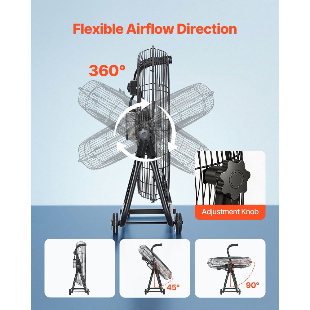 VEVOR Ventilador de Suelo Industrial de 762 mm con 3 Niveles de Velocidades, Inclinación Ajustable 360 Grados, Ventilador de Tambor con Ruedas, Aspas de Aluminio para Garaje Taller Almacén Sótano