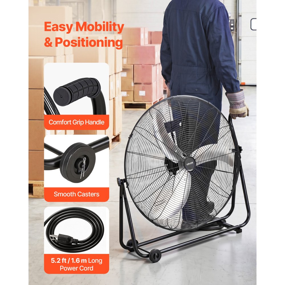 VEVOR Ventilador de Suelo Industrial de 762 mm con 3 Niveles de Velocidades, Inclinación Ajustable 360 Grados, Ventilador de Tambor con Ruedas, Aspas de Aluminio para Garaje Taller Almacén Sótano