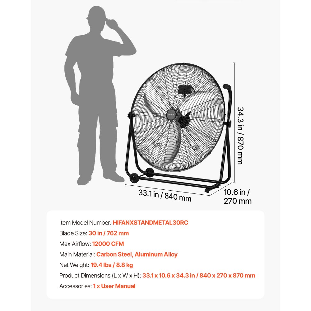 VEVOR Ventilador de Suelo Industrial de 762 mm con 3 Niveles de Velocidades, Inclinación Ajustable 360 Grados, Ventilador de Tambor con Ruedas, Aspas de Aluminio para Garaje Taller Almacén Sótano