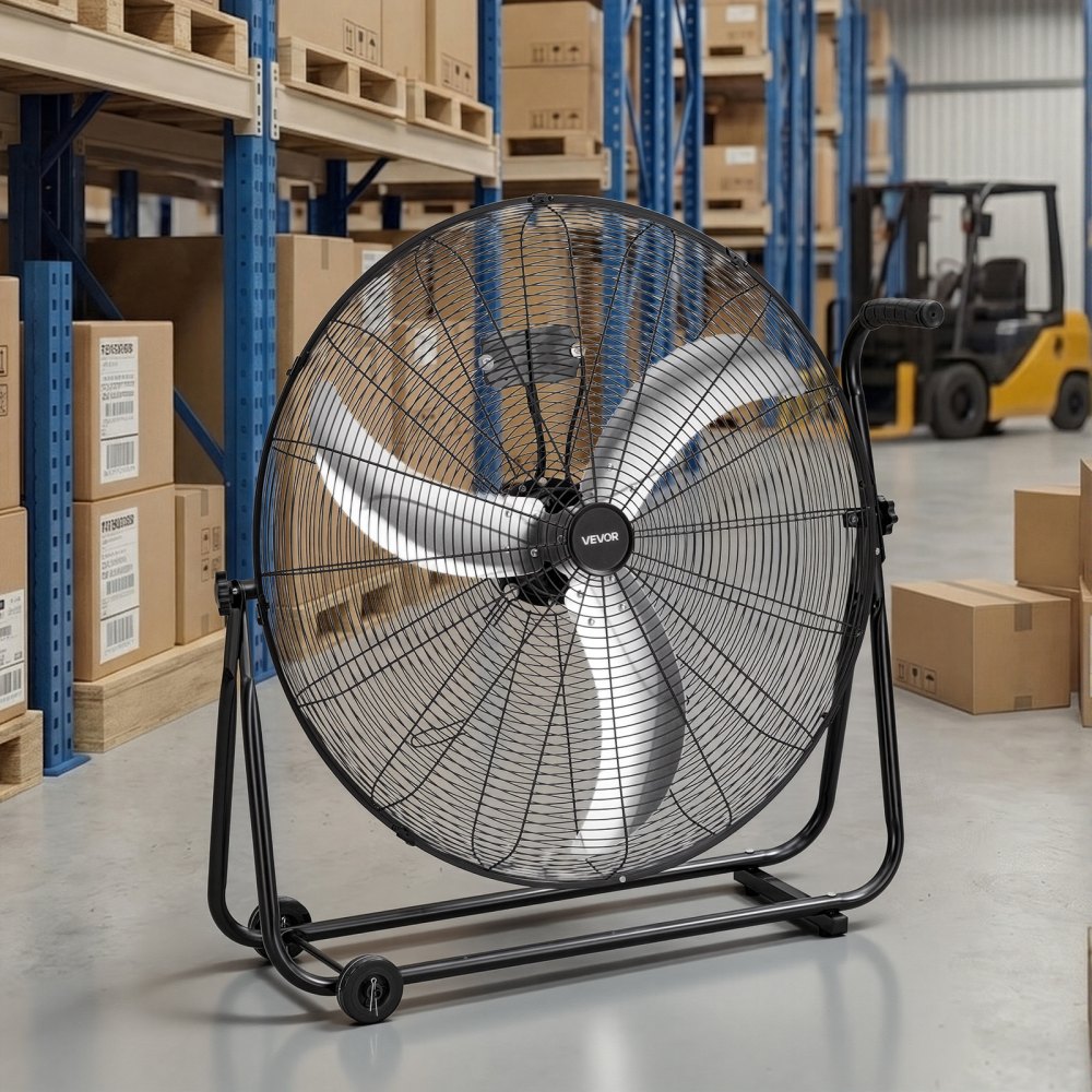 VEVOR Ventilador de Suelo Industrial de 762 mm con 3 Niveles de Velocidades, Inclinación Ajustable 360 Grados, Ventilador de Tambor con Ruedas, Aspas de Aluminio para Garaje Taller Almacén Sótano