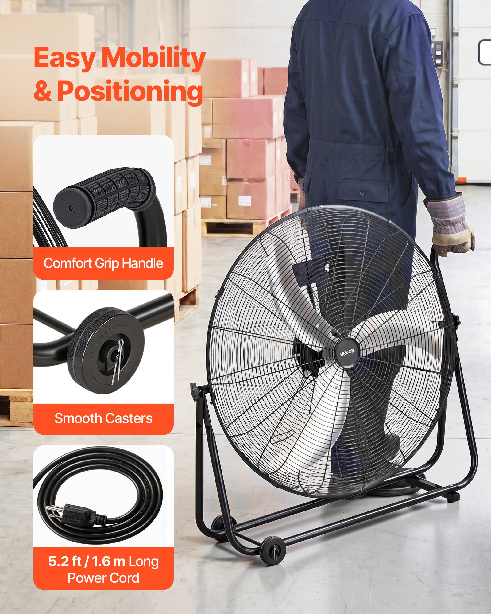 VEVOR Ventilador de Suelo Industrial de 762 mm con 3 Niveles de Velocidades, Inclinación Ajustable 360 Grados, Ventilador de Tambor con Ruedas, Aspas de Aluminio para Garaje Taller Almacén Sótano