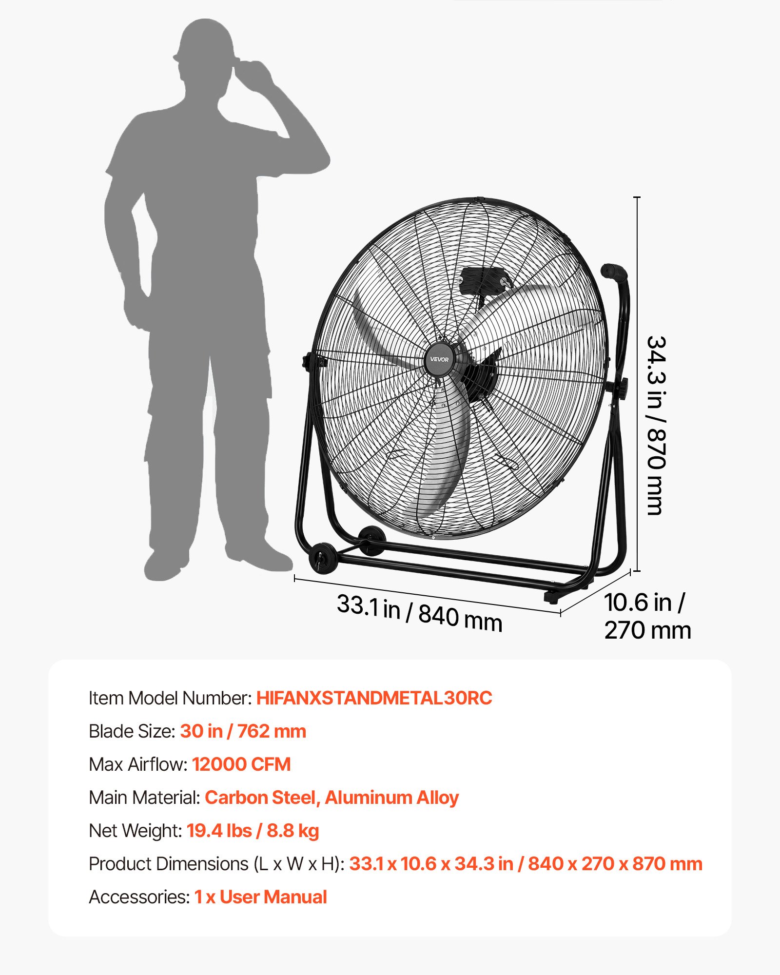 VEVOR Ventilador de Suelo Industrial de 762 mm con 3 Niveles de Velocidades, Inclinación Ajustable 360 Grados, Ventilador de Tambor con Ruedas, Aspas de Aluminio para Garaje Taller Almacén Sótano