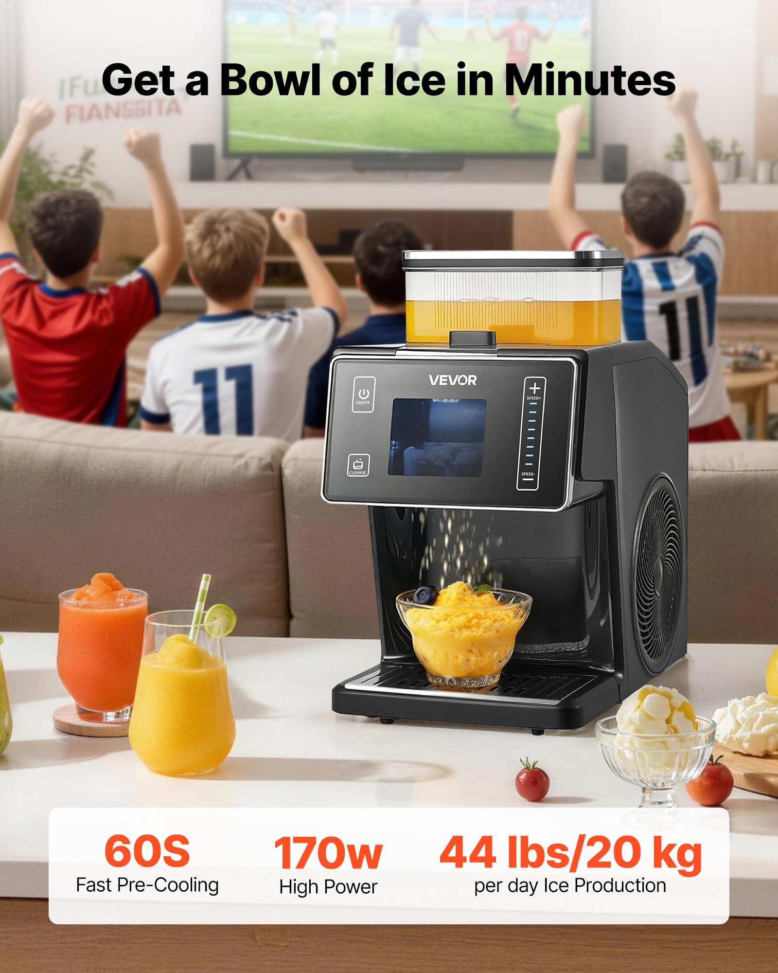 VEVOR Máquina de Hielo en Copos de Nieve, 20 kg/Día, con Cuchilla de Acero Inoxidable, con Tanque 0,8 L y Enfriamiento Rápido en 90 s, Ideal para Eventos Pequeños en Casa, 8 Velocidades, Negro