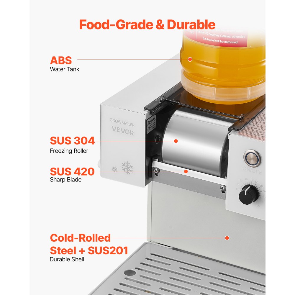 VEVOR Máquina de Hielo en Copos de Nieve, 40 kg/Día, con Cuchilla de Acero Inoxidable, con Tanque de 1,8 L y Enfriamiento Rápido en 90 s, Ideal para Eventos Pequeños en Casa, 260 x 420 x 300 mm