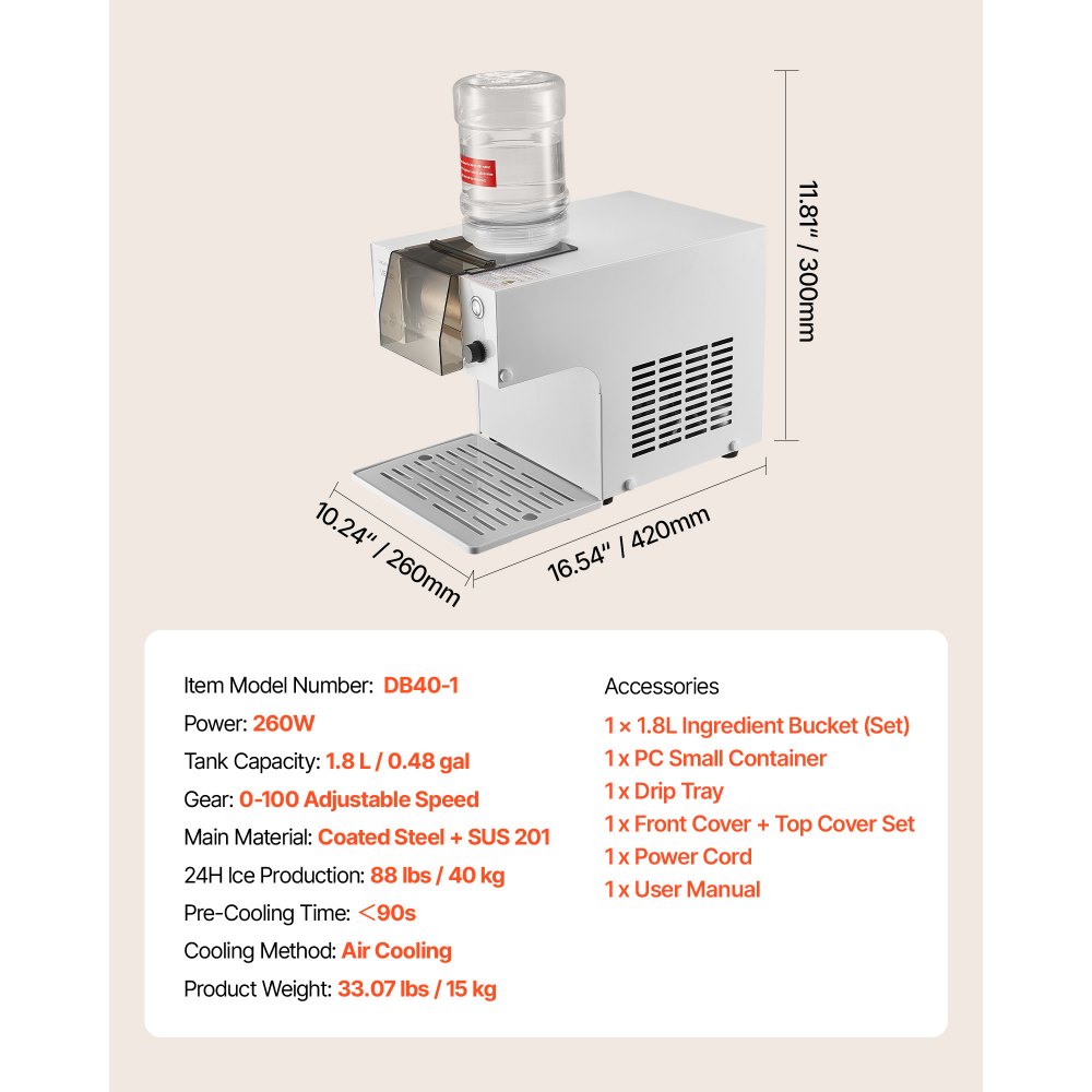 VEVOR Máquina de Hielo en Copos de Nieve, 40 kg/Día, con Cuchilla de Acero Inoxidable, con Tanque de 1,8 L y Enfriamiento Rápido en 90 s, Ideal para Eventos Pequeños en Casa, 260 x 420 x 300 mm