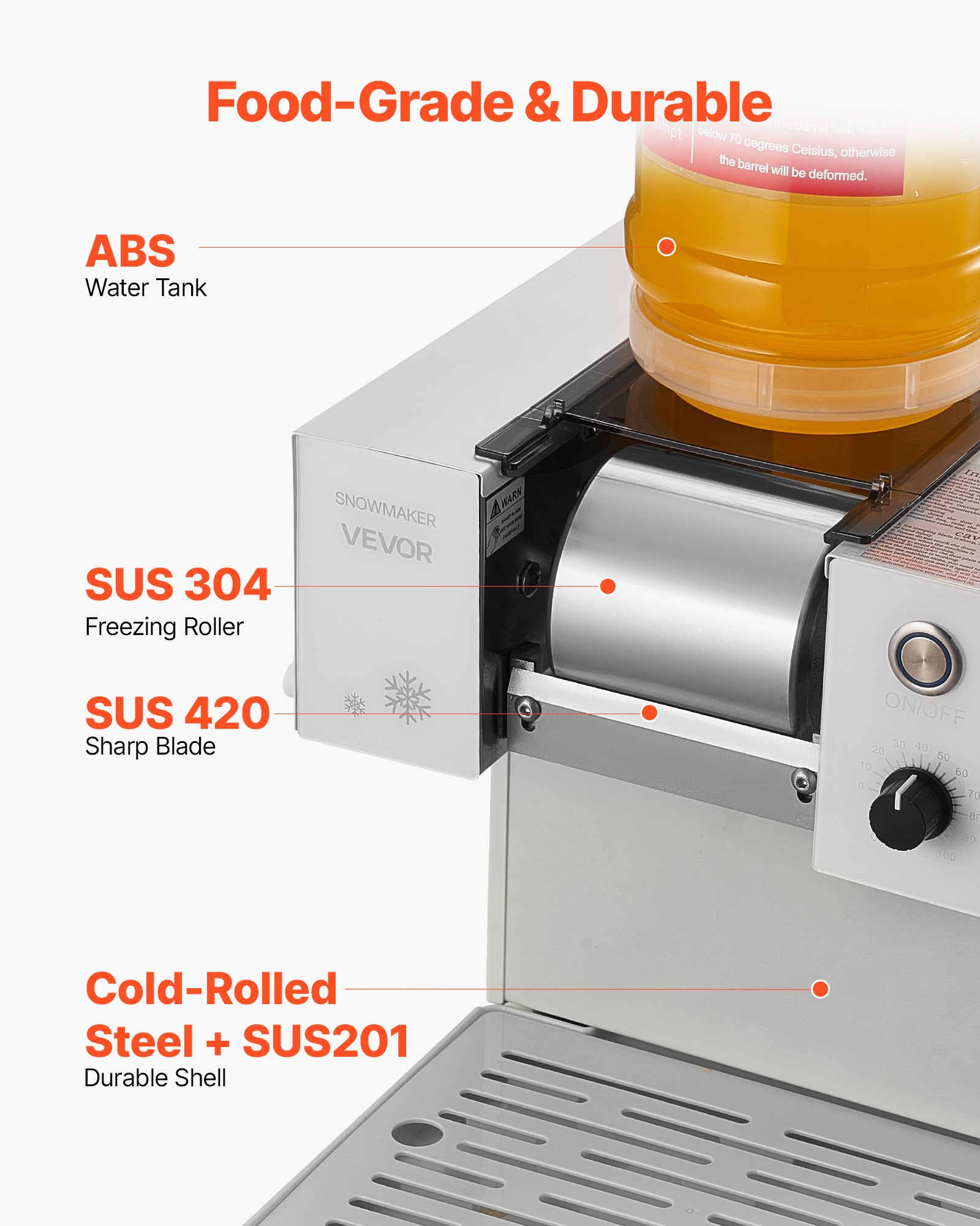 VEVOR Máquina de Hielo en Copos de Nieve, 60 kg/Día, con Cuchilla de Acero Inoxidable, con Tanque de 1,8 L y Enfriamiento Rápido en 90 s, Ideal para Eventos Pequeños en Casa, 420 x 260 x 300 mm