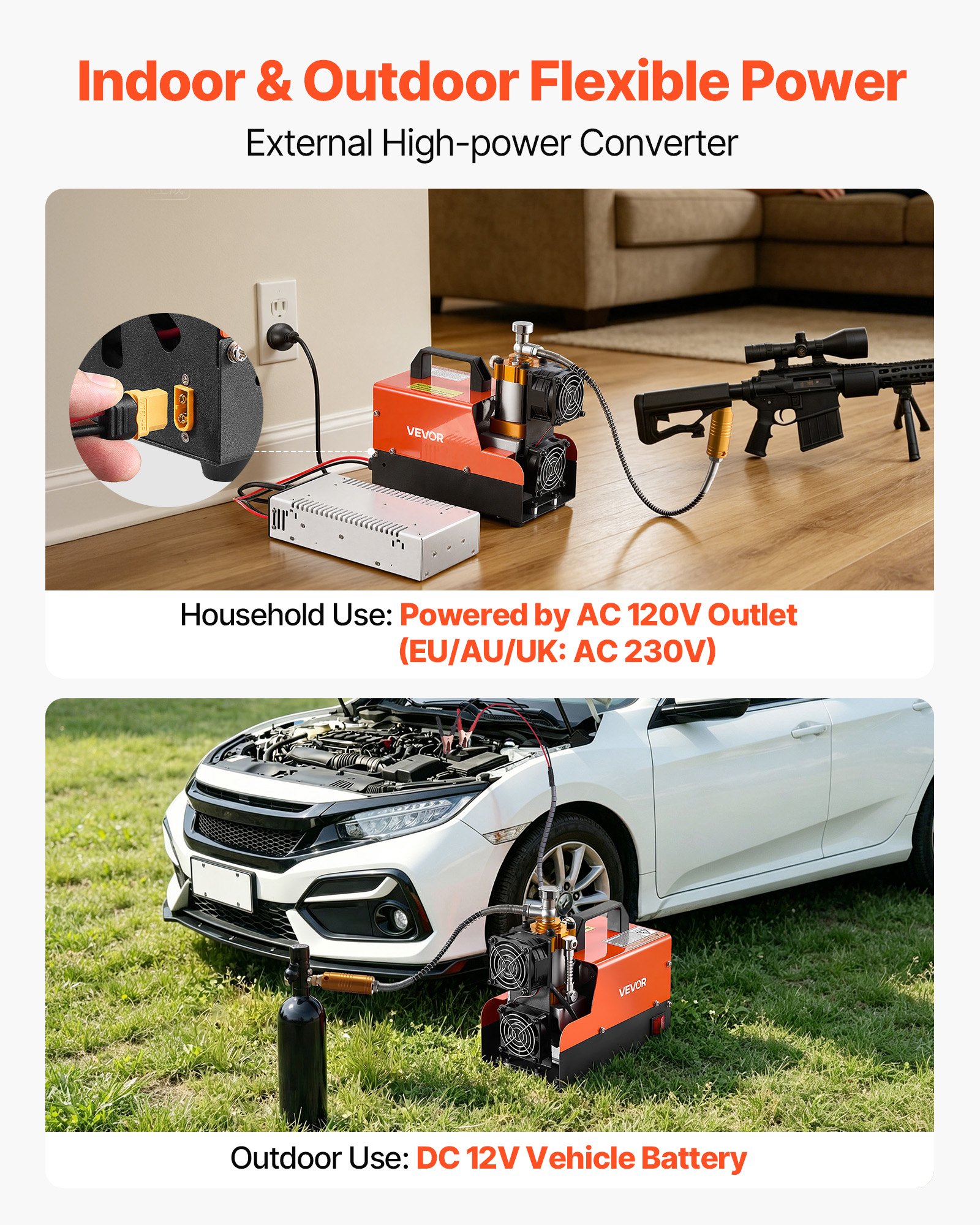 VEVOR Compresor de Aire Comprimido PCP 250 W Compresor Portátil 30 MPa, 12 V / 230 V CA, con Convertidor de 500 W, Manómetro y Refrigeración por Aire para Rifles PCP, Paintball y Botellas de Buceo