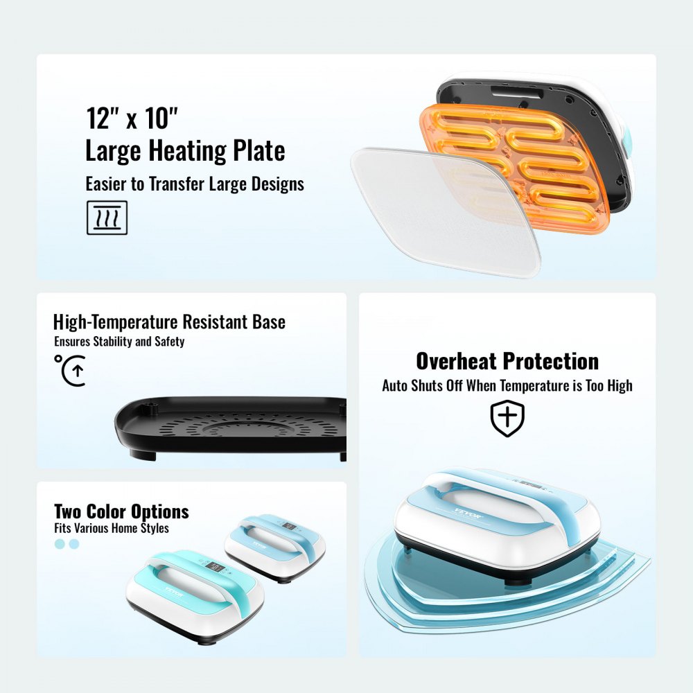 VEVOR Máquina de Impresión con Prensa de Calor para Camisetas, 770 W Prensa de Transferencia con Apagado Automático, Protección Contra Sobrecalentamiento y Ajuste de Tiempo, Color Blanco y Azul