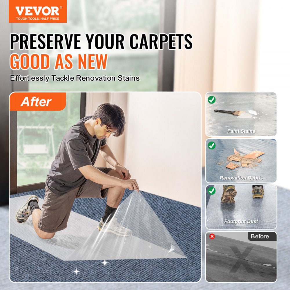 VEVOR Película Protectora para Alfombra 9,2 x 61 m con Respaldo Adhesivo, Rollo de Polietileno Autoadhesivo Antideslizante Resistente a Rayones y Derrames para Construcción, Pintura y Renovación