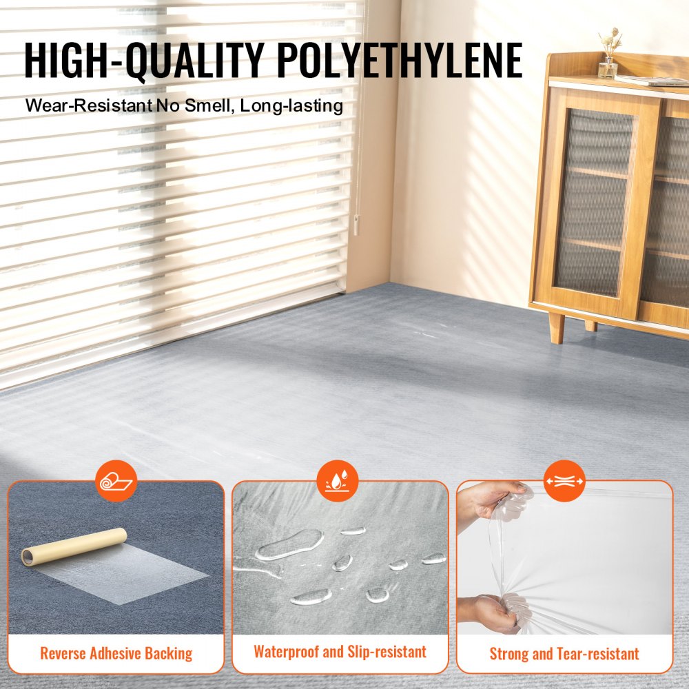 VEVOR Película Protectora para Alfombra 9,2 x 61 m con Respaldo Adhesivo, Rollo de Polietileno Autoadhesivo Antideslizante Resistente a Rayones y Derrames para Construcción, Pintura y Renovación