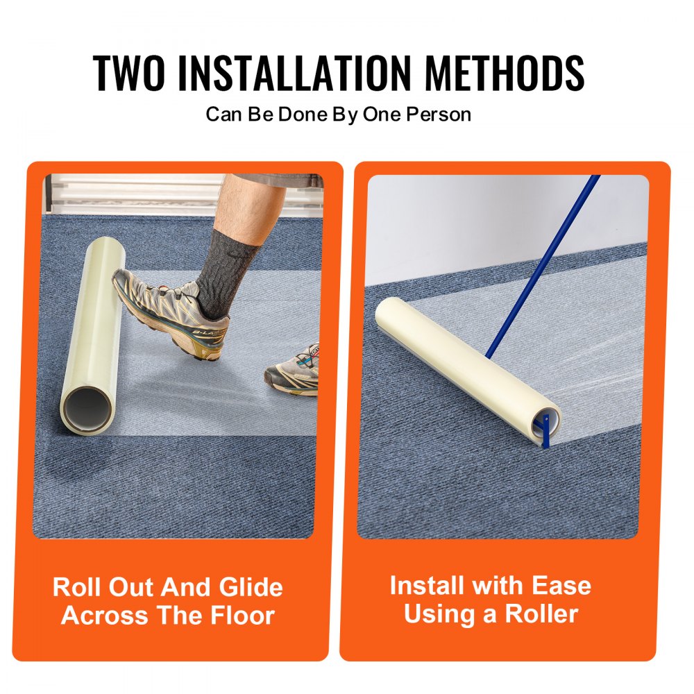 VEVOR Película Protectora para Alfombra 9,2 x 61 m con Respaldo Adhesivo, Rollo de Polietileno Autoadhesivo Antideslizante Resistente a Rayones y Derrames para Construcción, Pintura y Renovación