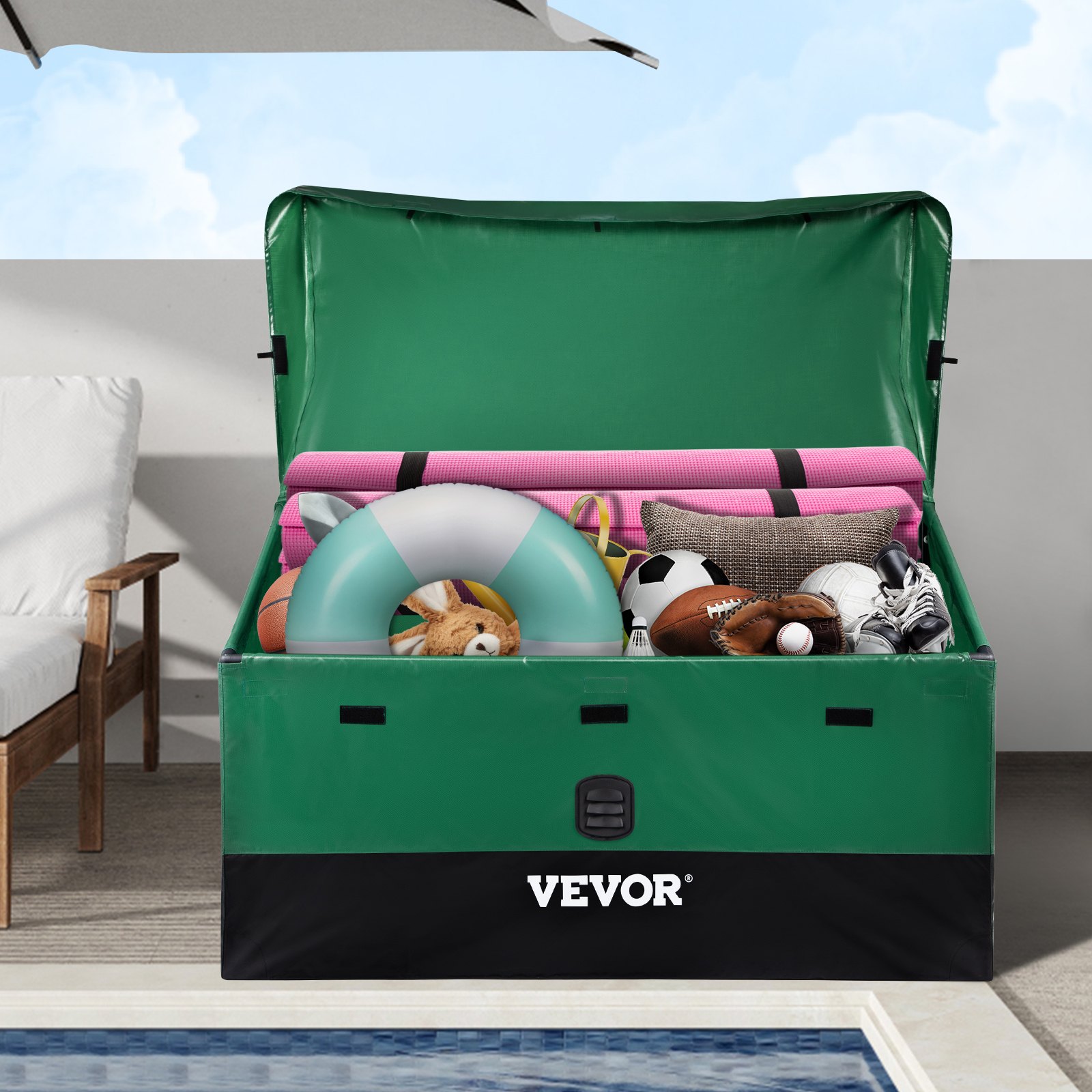 VEVOR Caja de Almacenamiento para Exteriores 100 Galones Arcón de Almacenaje para Jardín Tela Lona de PE Baúl de Almacenamiento Portátil 122 x 63 x 75 x 52 cm para Piscina Patio Jardín Garaje Verde