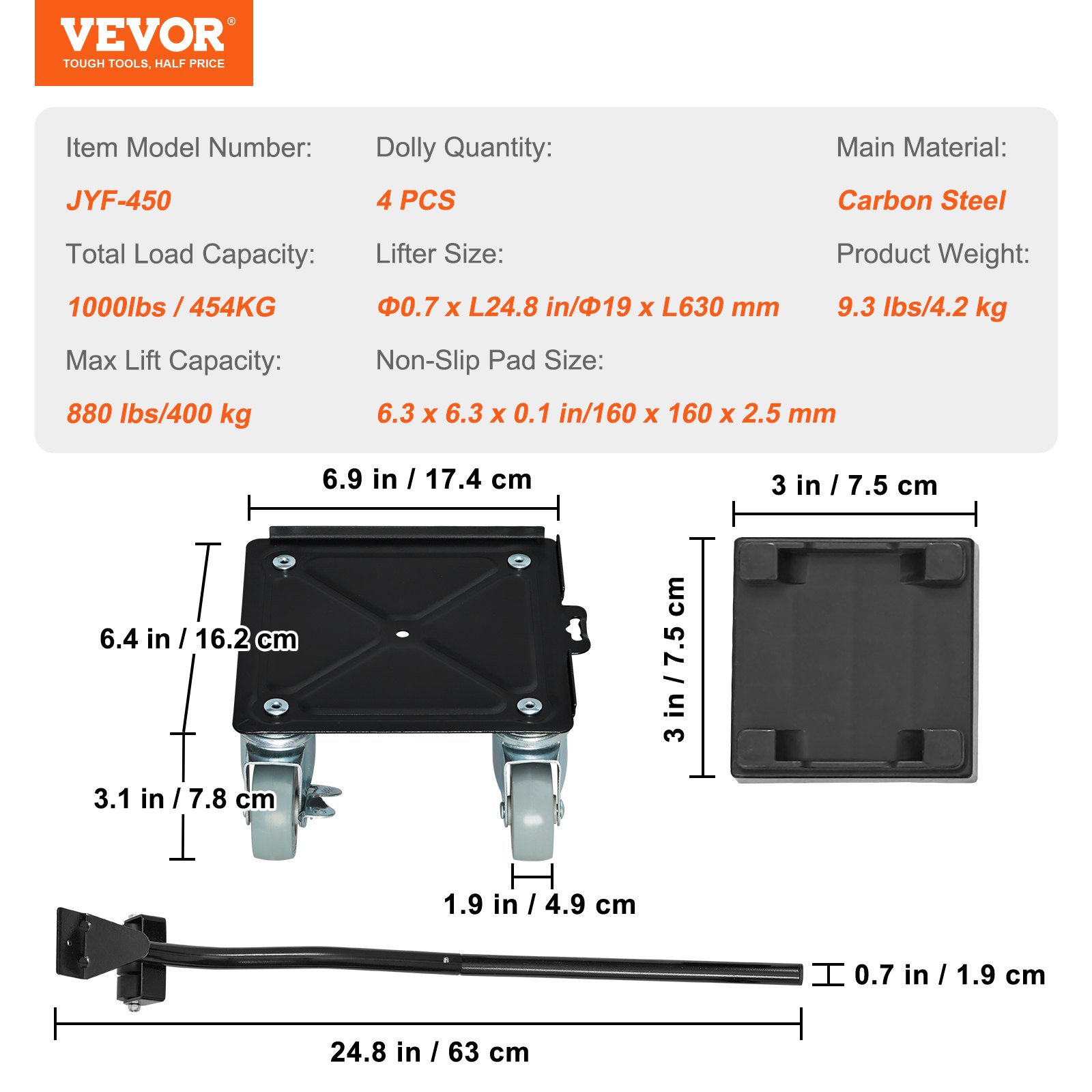 VEVOR Plataforma de Transporte de Muebles de Acero al Carbono de 4 Ruedas de PP Giratorias 360° Transportador de Muebles Carga de 454 kg Plataforma Rodante Manipulación de Muebles Nevera Sofá Armario