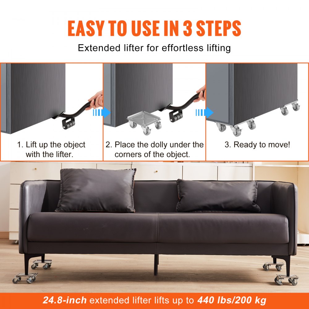 Guía sencilla de 3 pasos para utilizar la plataforma rodante para muebles VEVOR con elevador extendido, lista para mover objetos pesados.