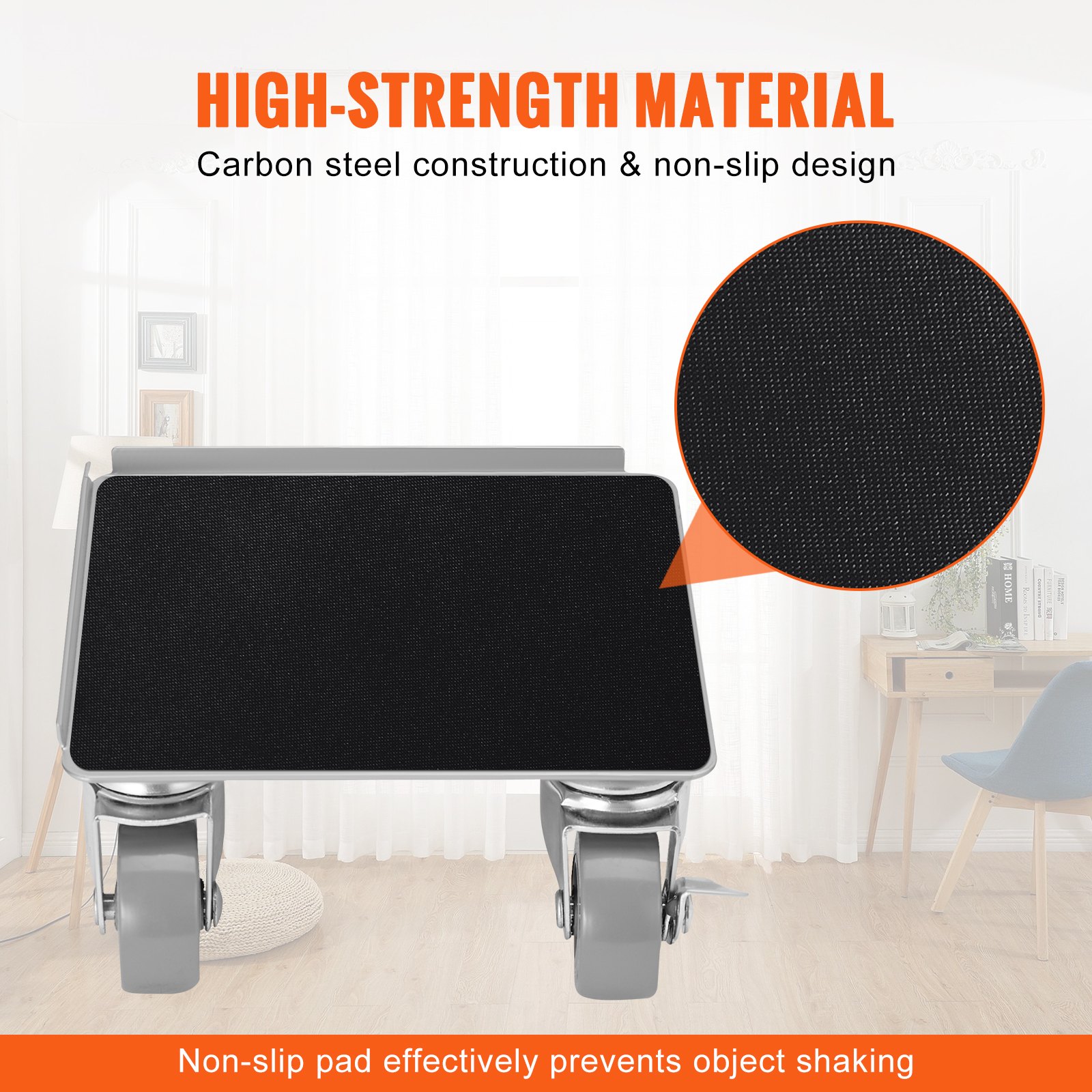Plataforma rodante para muebles VEVOR con estructura de acero al carbono y almohadilla antideslizante para un transporte estable de objetos.