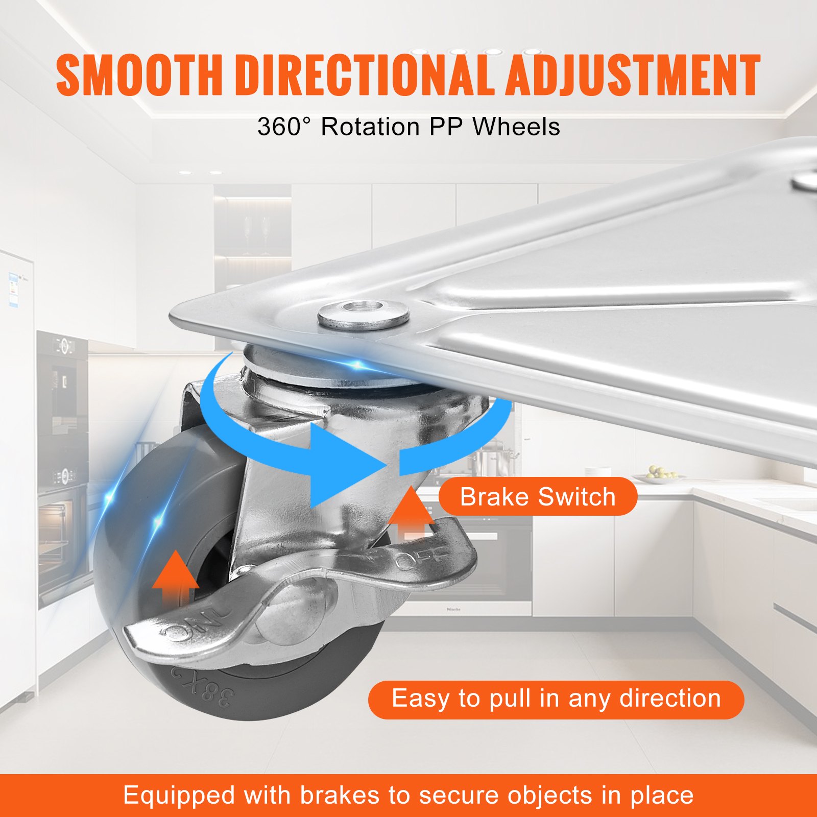 Plataforma rodante para muebles VEVOR con ruedas de polipropileno que giran 360°, interruptor de freno y fácil ajuste direccional.