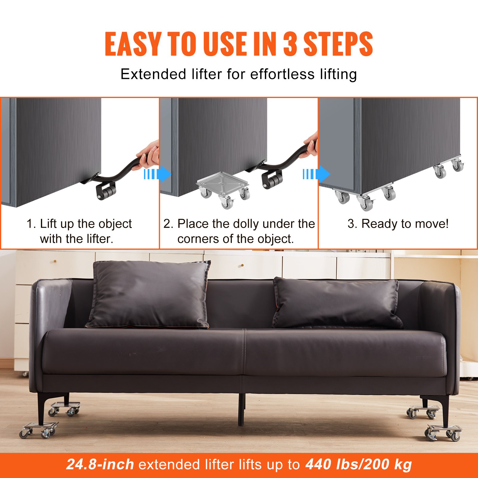 Guía sencilla de 3 pasos para utilizar la plataforma rodante para muebles VEVOR con elevador extendido, lista para mover objetos pesados.