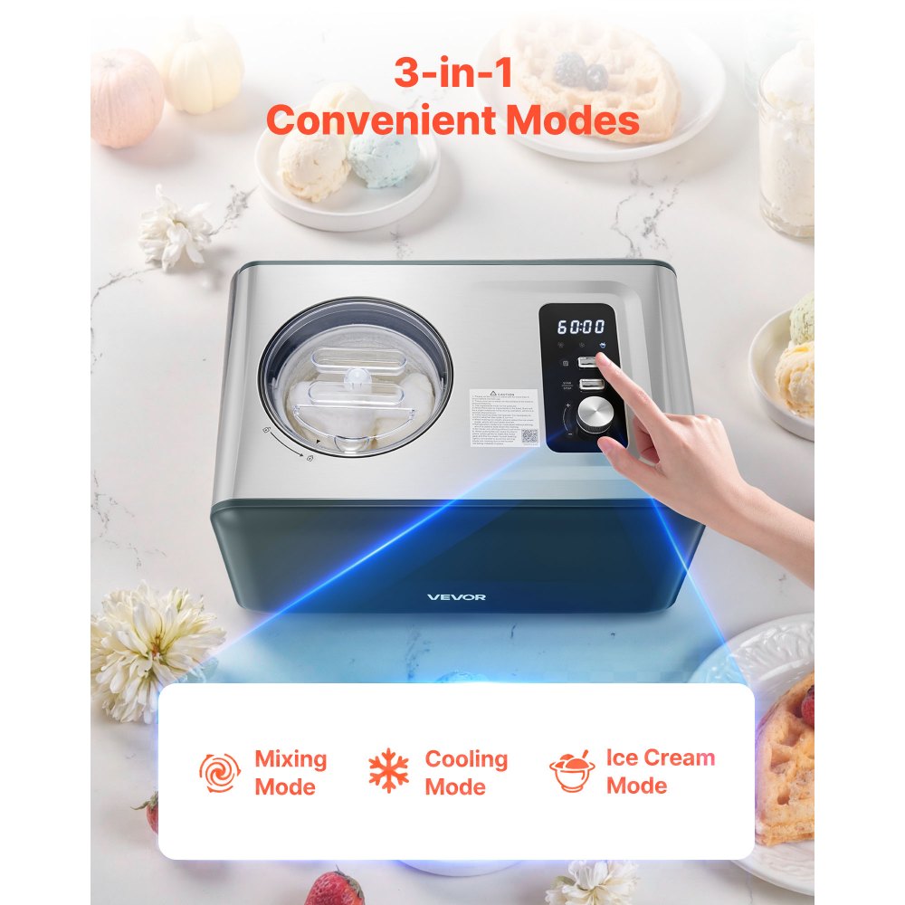 VEVOR Máquina Automática para Hacer Helados 1,5 L con Compresor Incorporado sin Precongelación Heladera Automática de 3 Modos 425 x 290 x 245 mm con Tapa Transparente para Cocina Doméstica, Negro