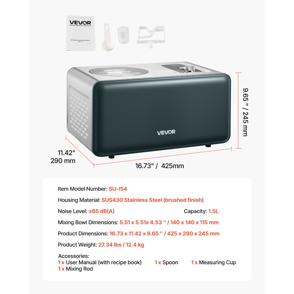 VEVOR Máquina Automática para Hacer Helados 1,5 L con Compresor Incorporado sin Precongelación Heladera Automática de 3 Modos 425 x 290 x 245 mm con Tapa Transparente para Cocina Doméstica, Negro