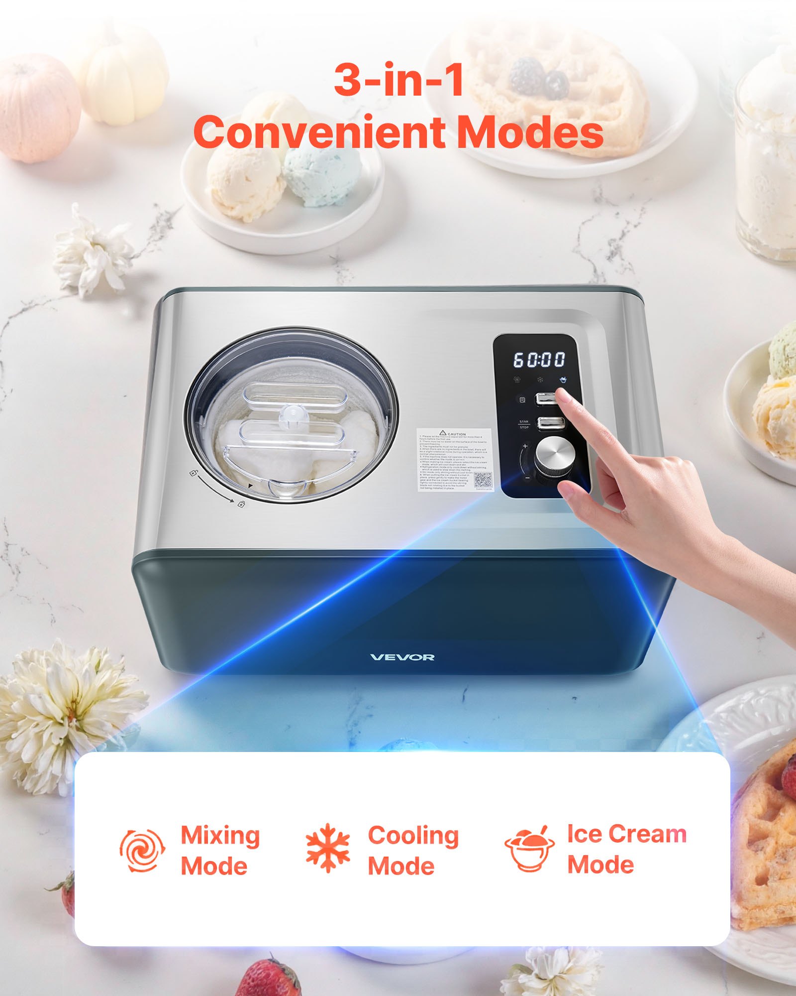 VEVOR Máquina Automática para Hacer Helados 1,5 L con Compresor Incorporado sin Precongelación Heladera Automática de 3 Modos 425 x 290 x 245 mm con Tapa Transparente para Cocina Doméstica, Negro