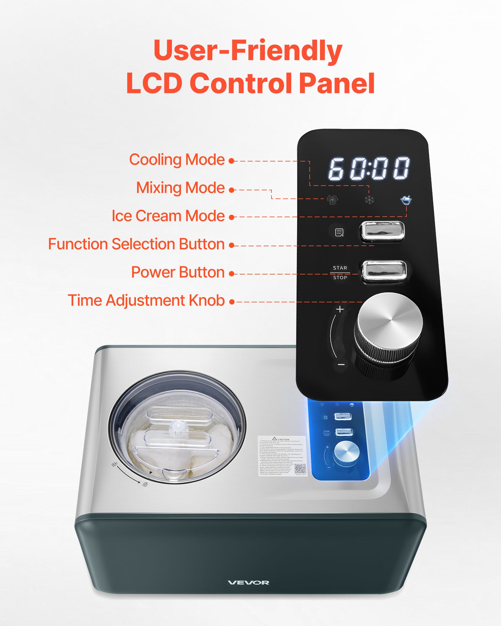 VEVOR Máquina Automática para Hacer Helados 1,5 L con Compresor Incorporado sin Precongelación Heladera Automática de 3 Modos 425 x 290 x 245 mm con Tapa Transparente para Cocina Doméstica, Negro