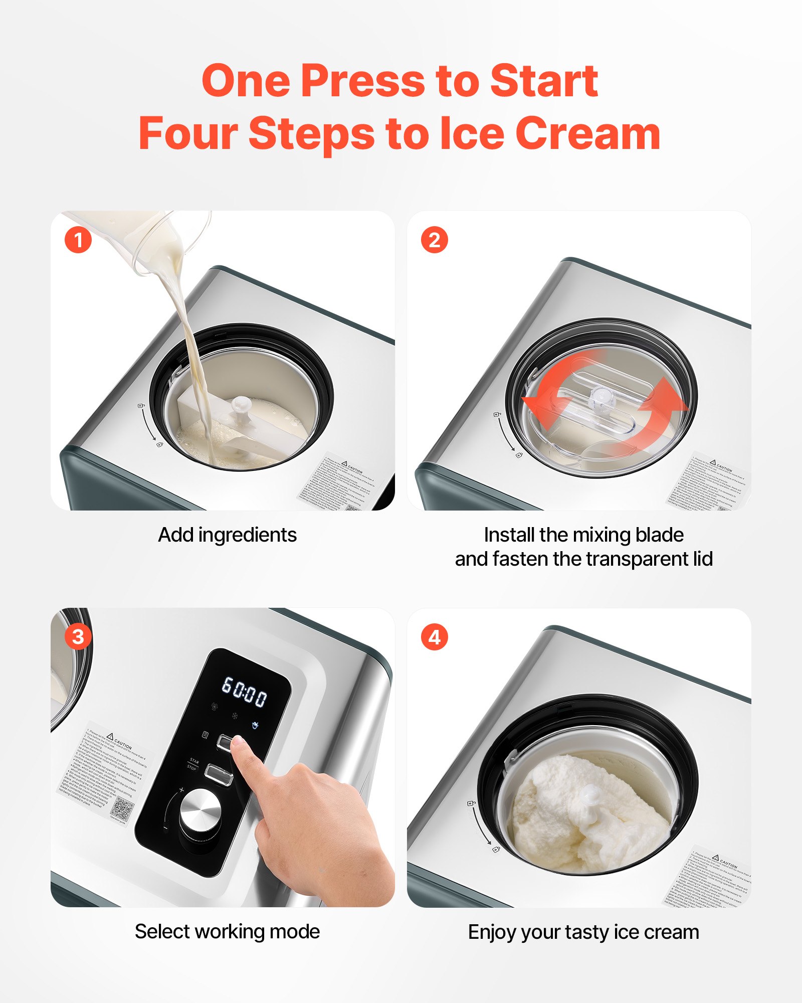 VEVOR Máquina Automática para Hacer Helados 1,5 L con Compresor Incorporado sin Precongelación Heladera Automática de 3 Modos 425 x 290 x 245 mm con Tapa Transparente para Cocina Doméstica, Negro