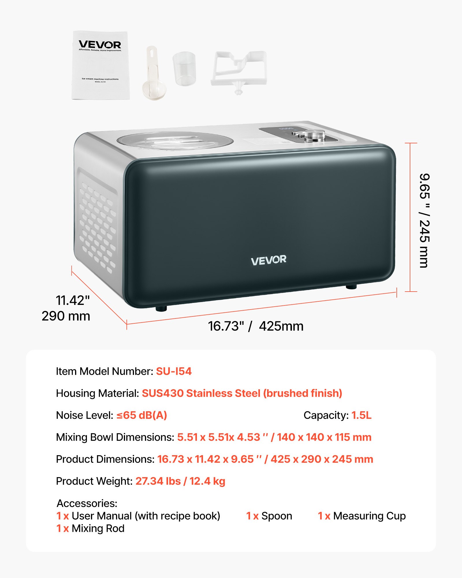 VEVOR Máquina Automática para Hacer Helados 1,5 L con Compresor Incorporado sin Precongelación Heladera Automática de 3 Modos 425 x 290 x 245 mm con Tapa Transparente para Cocina Doméstica, Negro