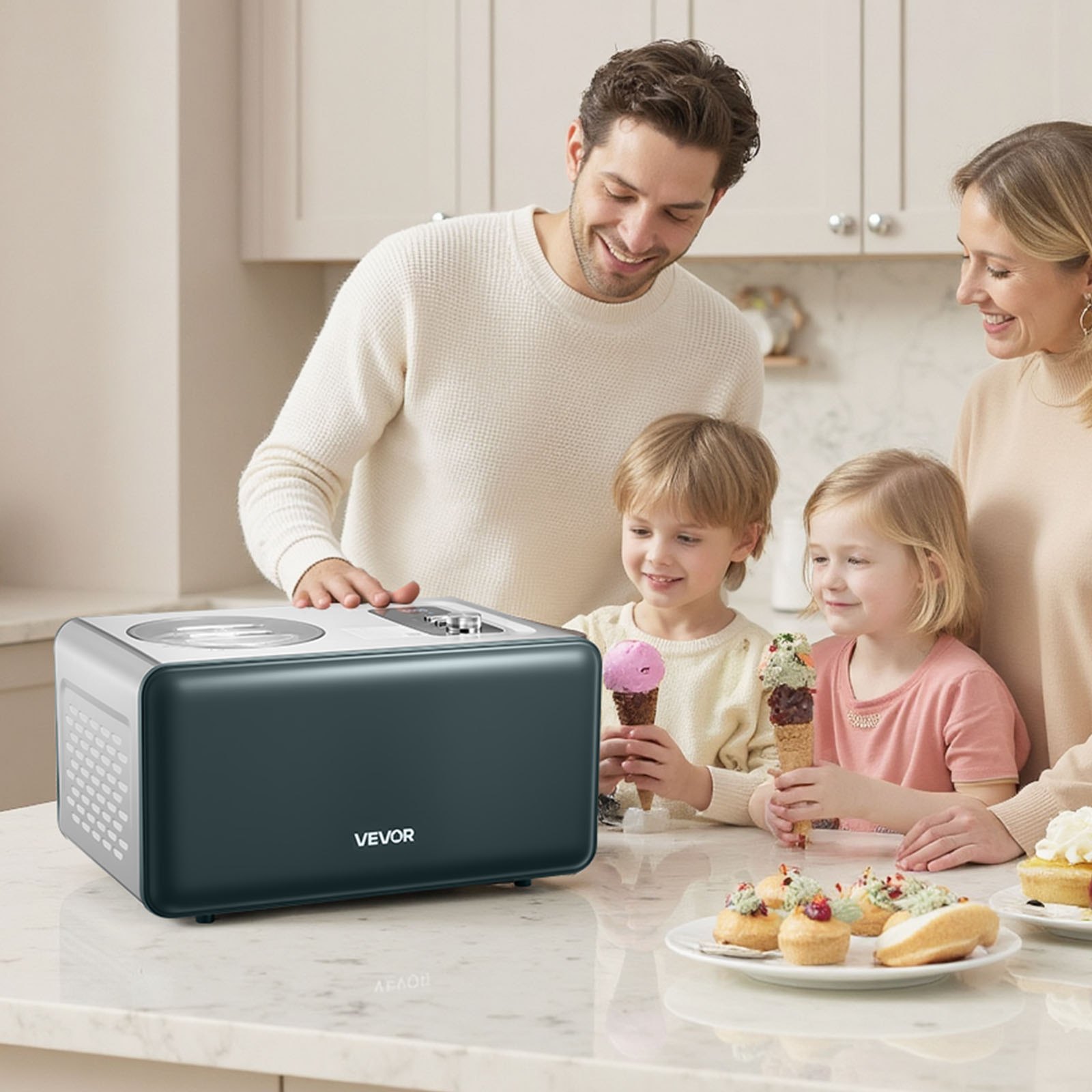 VEVOR Máquina Automática para Hacer Helados 1,5 L con Compresor Incorporado sin Precongelación Heladera Automática de 3 Modos 425 x 290 x 245 mm con Tapa Transparente para Cocina Doméstica, Negro