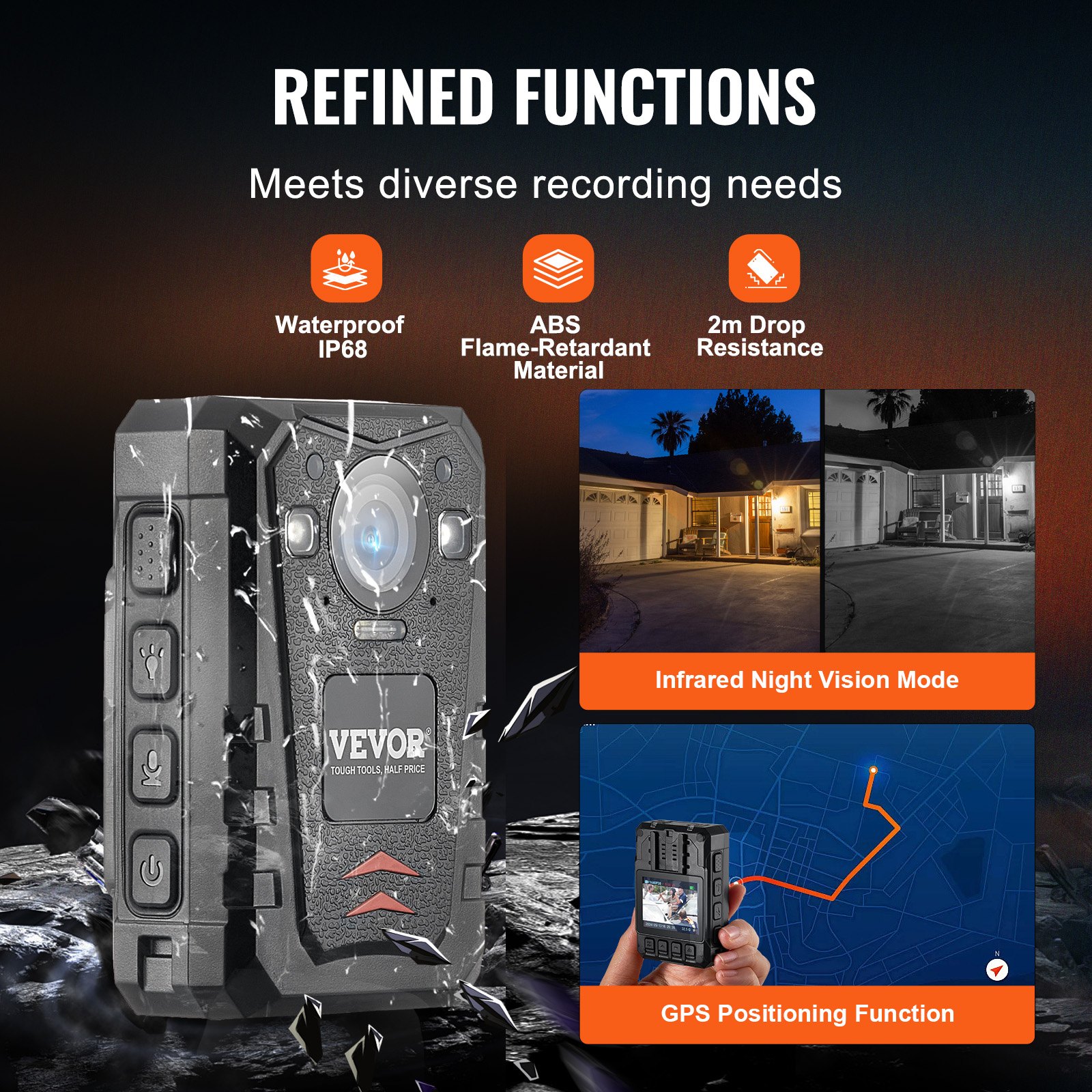 VEVOR 1440P HD Police Body Camera, 128GB Bodycam with Audio-Video Recording, Built-in 3500mAh Battery, 2.0" LCD, Infrared Night Vision, Waterproof GPS Personal Bodycam for Law Enforcement