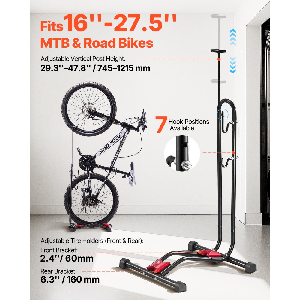 VEVOR Soporte para Bicicletas de Montaña y Carretera de 406,4-700 mm Vertical y Horizontal Portabicicletas de Suelo para Estacionamiento y Almacenamiento en Garaje, Porche, Interior, Exterior, Negro