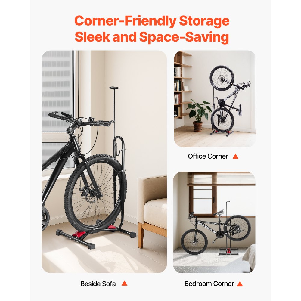 VEVOR Soporte para Bicicletas de Montaña y Carretera de 406,4-700 mm Vertical y Horizontal Portabicicletas de Suelo para Estacionamiento y Almacenamiento en Garaje, Porche, Interior, Exterior, Negro