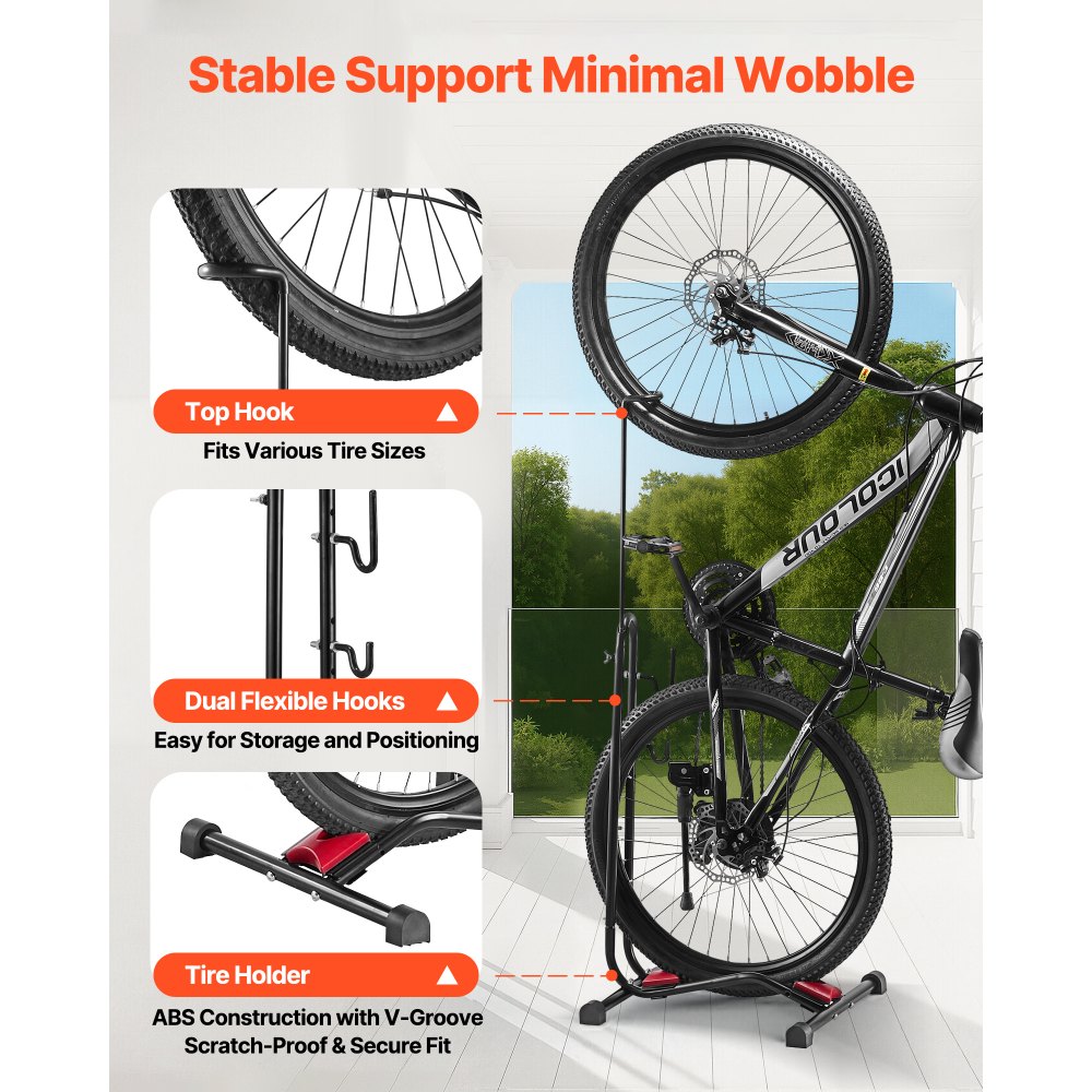 VEVOR Soporte para Bicicletas de Montaña y Carretera de 406,4-700 mm Vertical y Horizontal Portabicicletas de Suelo para Estacionamiento y Almacenamiento en Garaje, Porche, Interior, Exterior, Negro