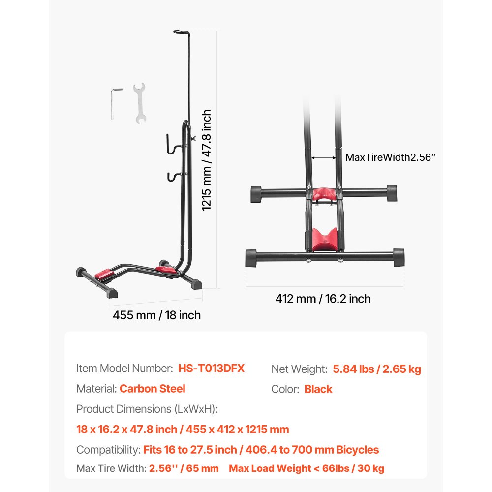 VEVOR Soporte para Bicicletas de Montaña y Carretera de 406,4-700 mm Vertical y Horizontal Portabicicletas de Suelo para Estacionamiento y Almacenamiento en Garaje, Porche, Interior, Exterior, Negro