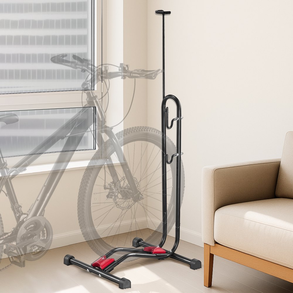 VEVOR Soporte para Bicicletas de Montaña y Carretera de 406,4-700 mm Vertical y Horizontal Portabicicletas de Suelo para Estacionamiento y Almacenamiento en Garaje, Porche, Interior, Exterior, Negro