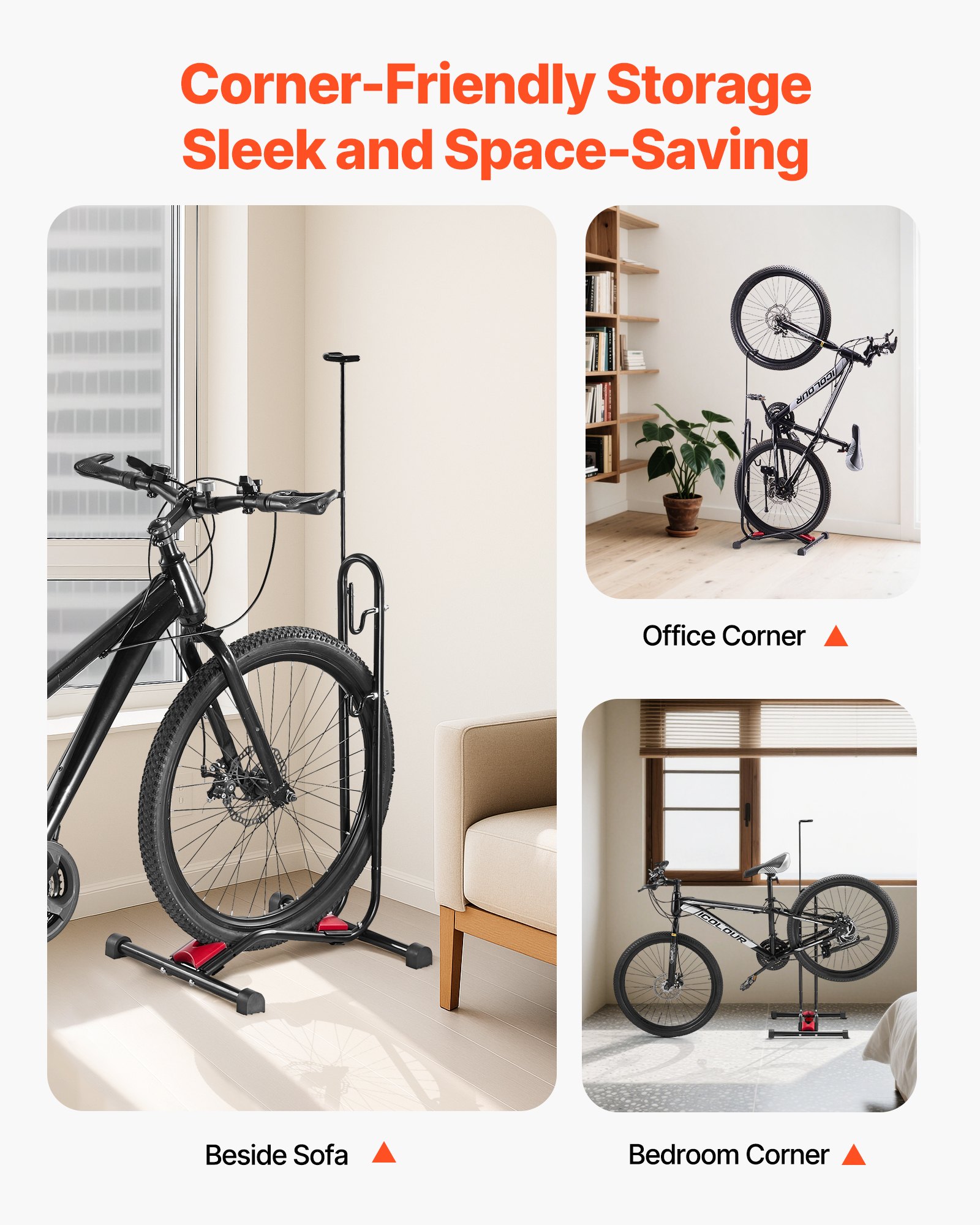 VEVOR Soporte para Bicicletas de Montaña y Carretera de 406,4-700 mm Vertical y Horizontal Portabicicletas de Suelo para Estacionamiento y Almacenamiento en Garaje, Porche, Interior, Exterior, Negro