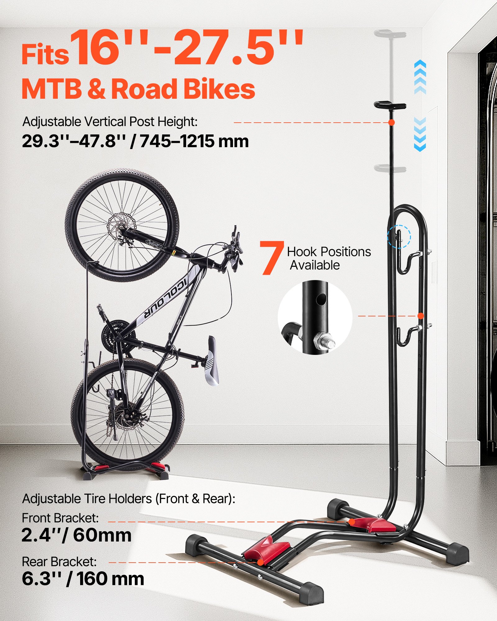 VEVOR Soporte para Bicicletas de Montaña y Carretera de 406,4-700 mm Vertical y Horizontal Portabicicletas de Suelo para Estacionamiento y Almacenamiento en Garaje, Porche, Interior, Exterior, Negro