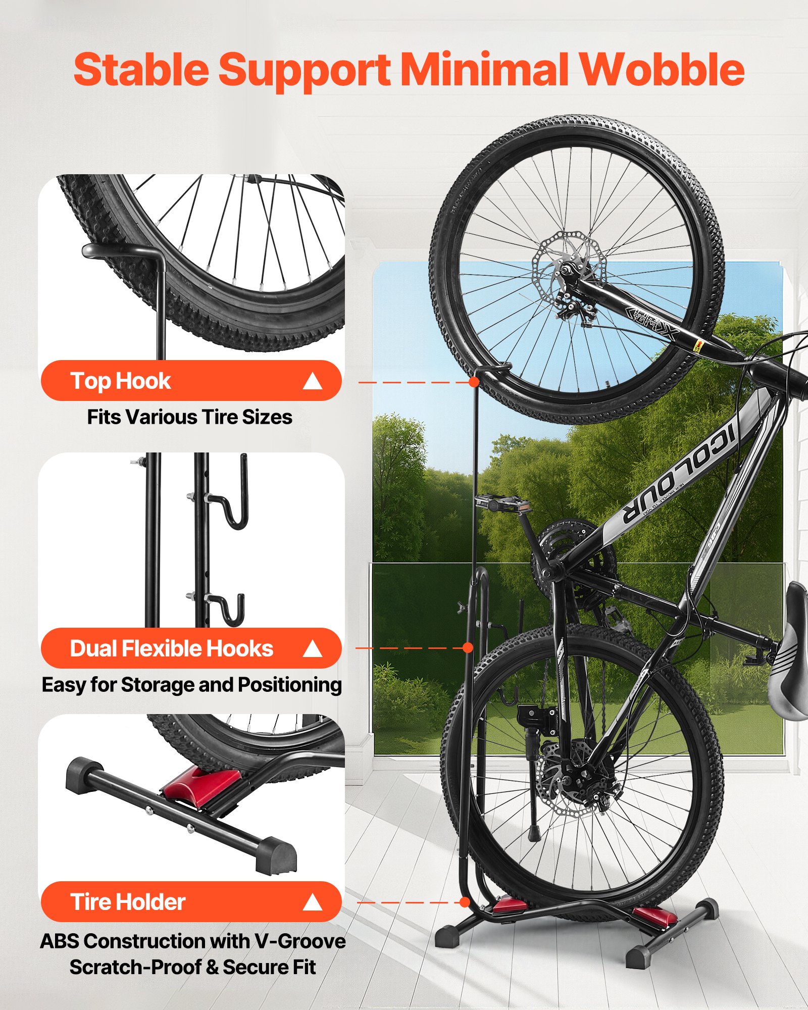 VEVOR Soporte para Bicicletas de Montaña y Carretera de 406,4-700 mm Vertical y Horizontal Portabicicletas de Suelo para Estacionamiento y Almacenamiento en Garaje, Porche, Interior, Exterior, Negro