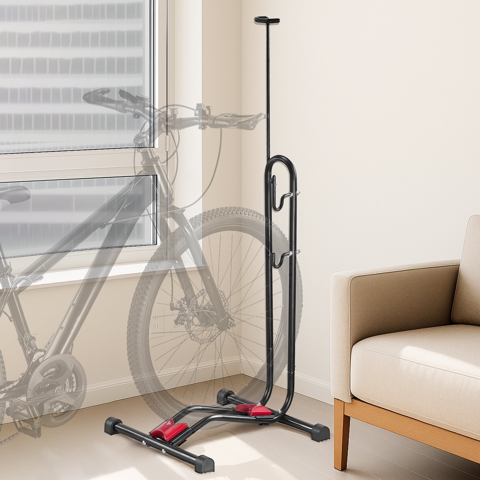 VEVOR Soporte para Bicicletas de Montaña y Carretera de 406,4-700 mm Vertical y Horizontal Portabicicletas de Suelo para Estacionamiento y Almacenamiento en Garaje, Porche, Interior, Exterior, Negro